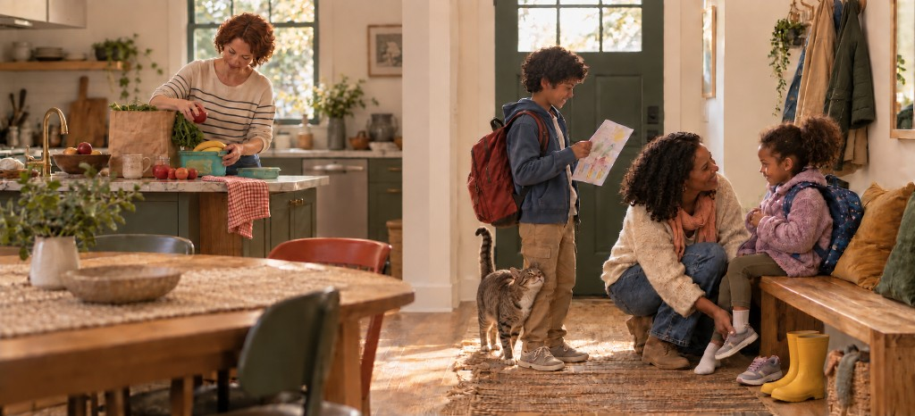 After-school moment at home: groceries on the counter, a cat nearby, while a caregiver helps children with shoes and a backpack